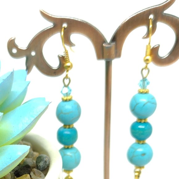 Faux Turquoise Dangle Earrings with Gold Feather and Swarovski Bead Accent - Picture 3 of 4